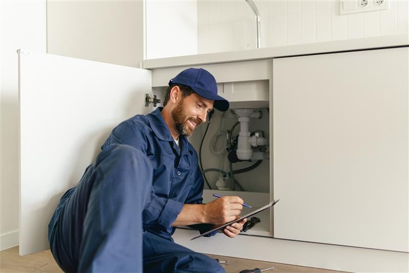 Residential plumber reviewing plumbing repairs in a Deltona kitchen