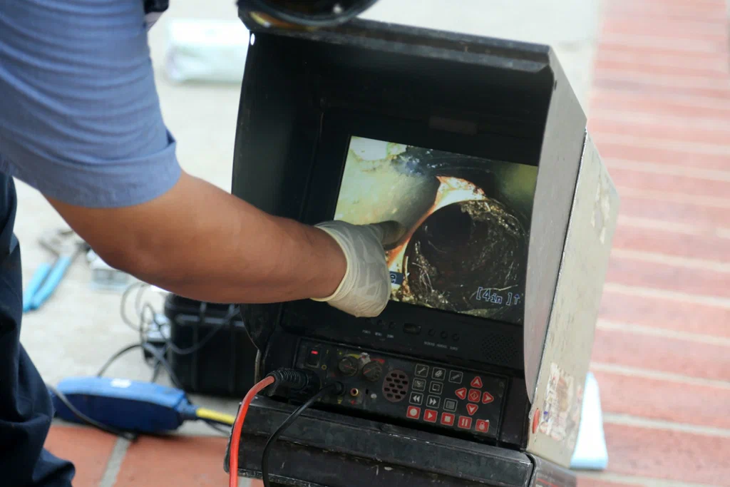 Technician viewing a drain inspection camera in Deltona